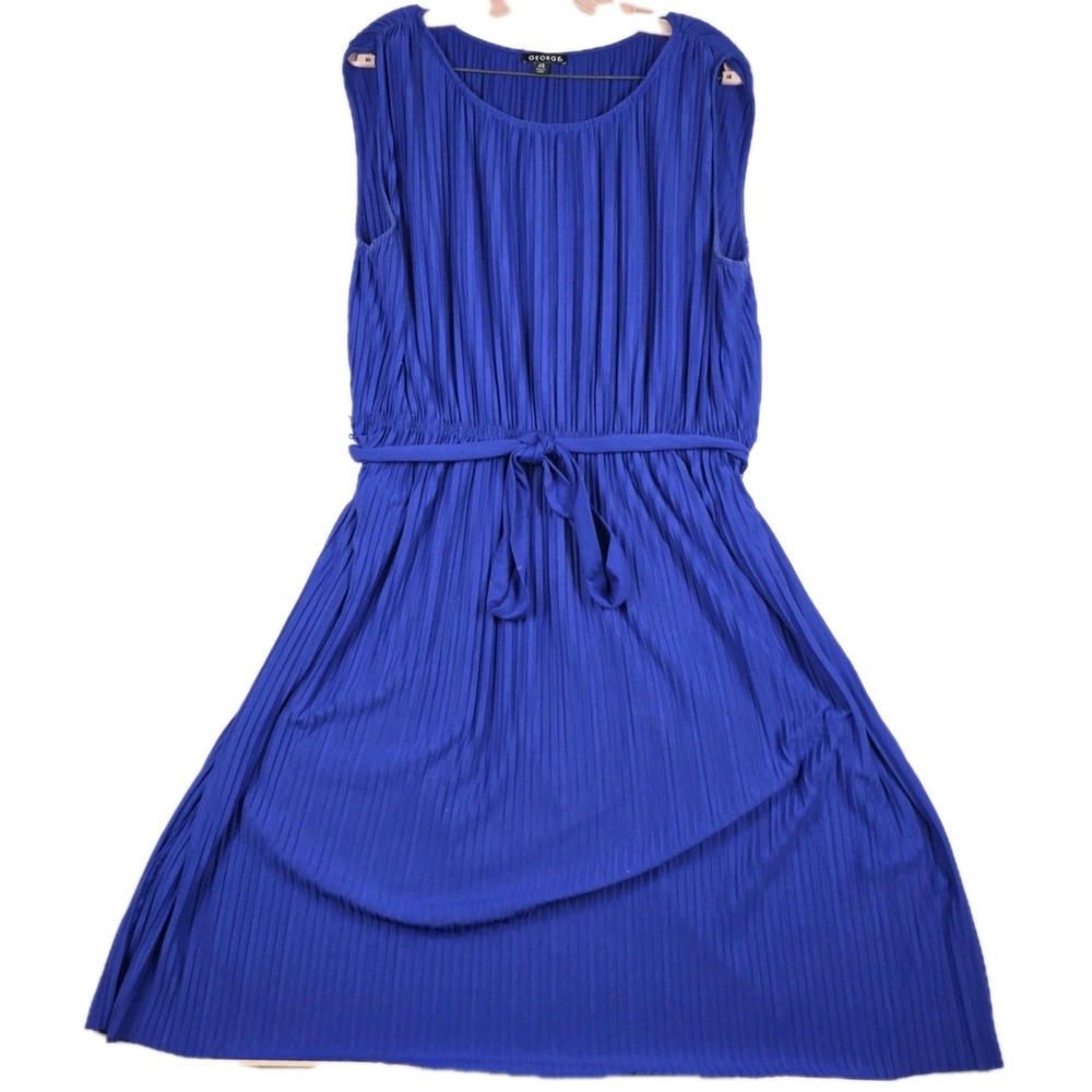 George Womens Clematis Blue Pleated Sleeveless Belted Dress Size L 12-14